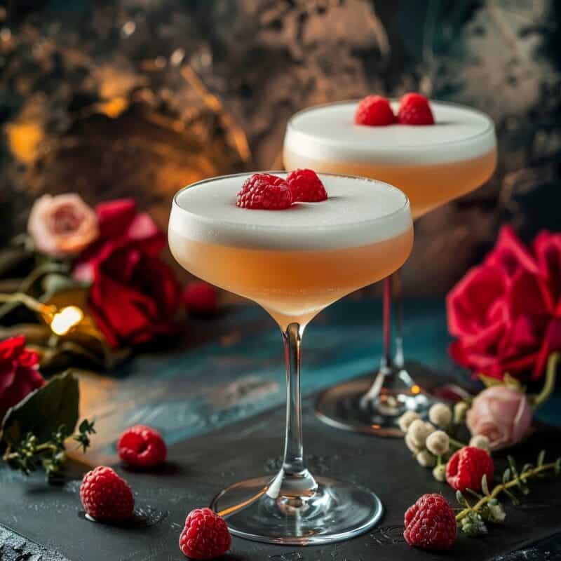 Two perfectly mixed French Martini with a rich, frothy top, set against a backdrop of soft lighting, embodying classic cocktail sophistication.