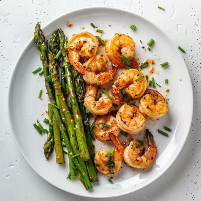 Elegant serving of lemon butter shrimp with asparagus on a pristine white plate, garnished with fresh chopped green onions.