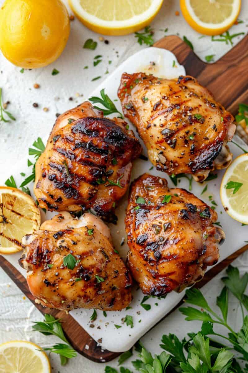 Grilled chicken thighs resting on a cutting board, allowing juices to redistribute, with grill marks visible on the golden-brown skin.