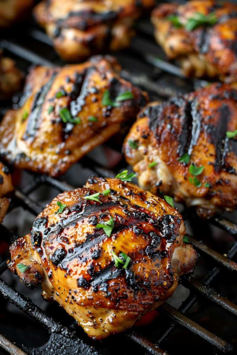 Chicken thighs grilling over glowing charcoal, with smoke rising, showcasing the process of achieving perfect char marks.