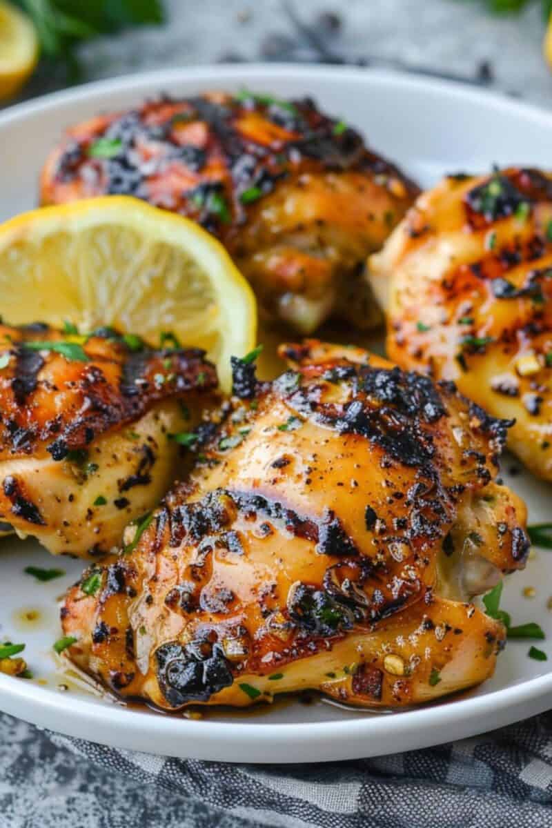 Close-up of succulent grilled chicken showcasing charred exterior and tender interior, ready to be enjoyed at a summer barbecue.