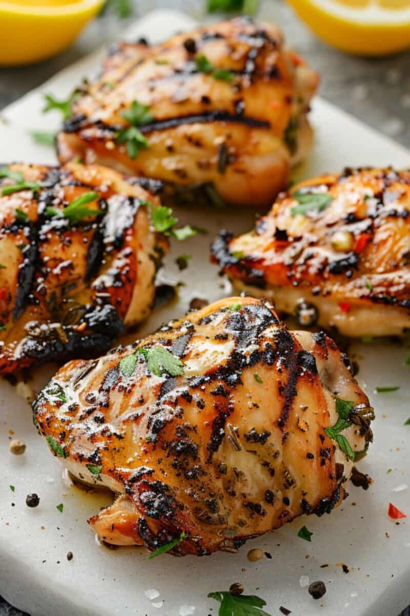 Grilled chicken thighs resting on a cutting board, allowing juices to redistribute, with grill marks visible on the golden-brown skin.