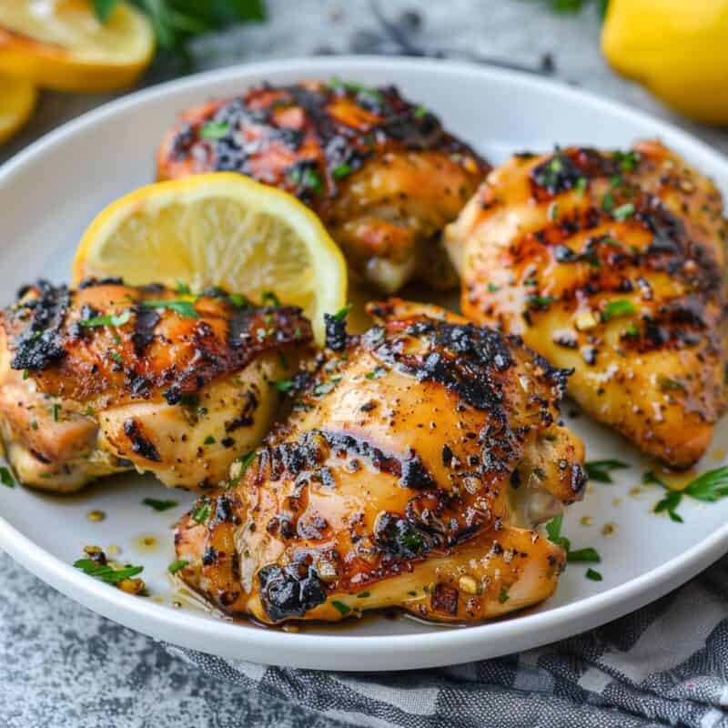 Close-up of juicy grilled chicken thighs on a plate, showing golden-brown char marks, garnished with fresh herbs.