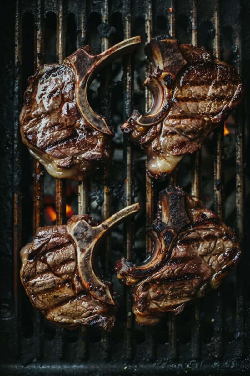 Sizzling lamb chops on a hot grill, seasoned with herbs and spices, turning golden-brown as they cook to perfection.