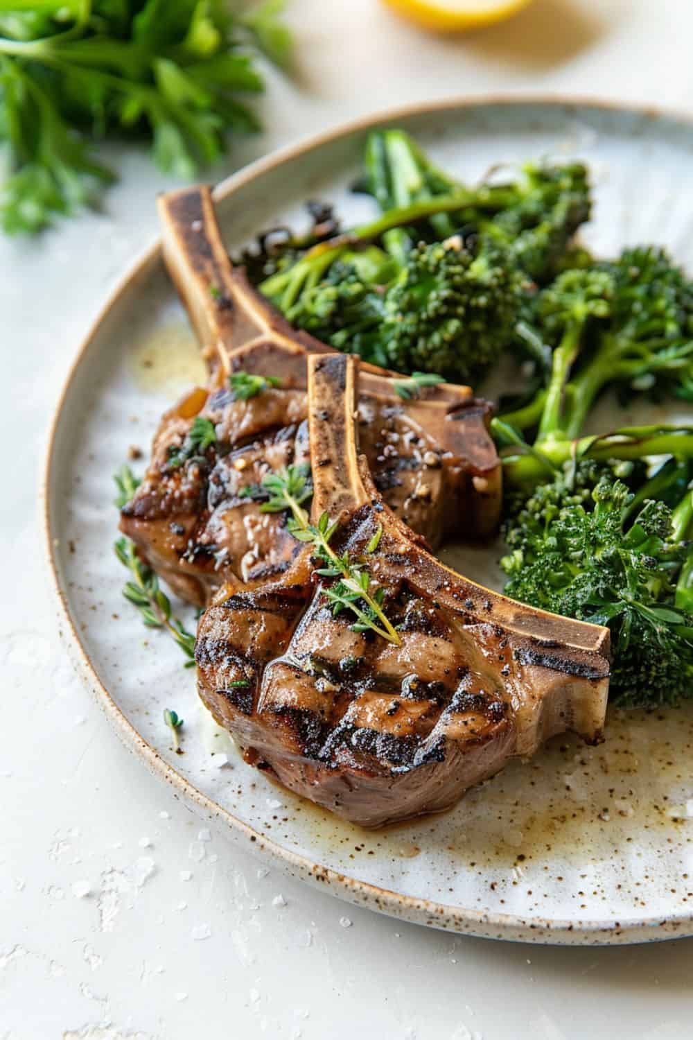 Succulent lamb chops with charred edges alongside vibrant green broccolini, drizzled with olive oil and seasoned with garlic, ready to enjoy.