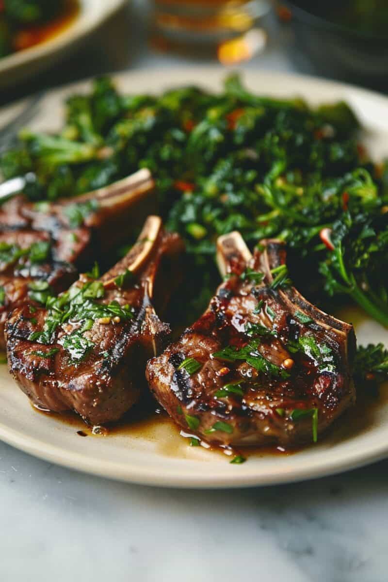 Grilled lamb chops paired with tender broccolini, garnished with rosemary on a rustic serving platter, showcasing a harmonious blend of flavors.