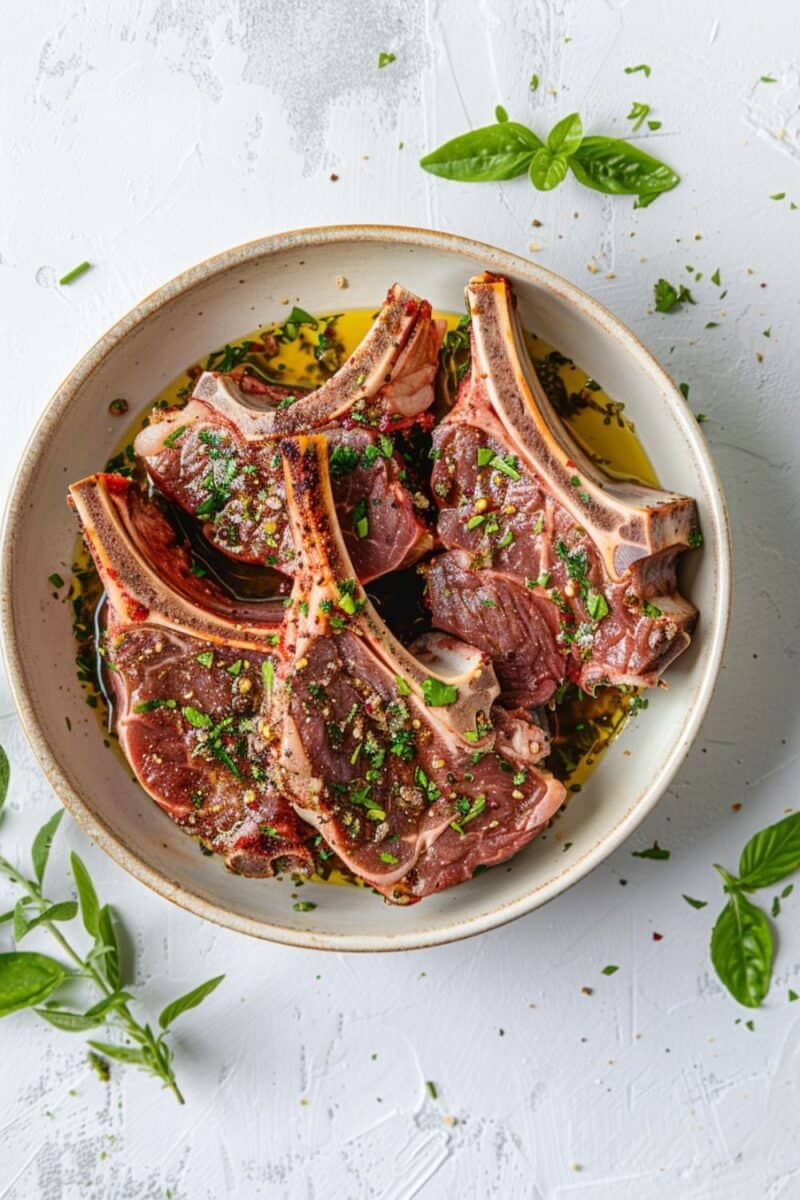 Raw lamb chops soaking in a marinade of olive oil, crushed garlic, and chopped rosemary in a glass dish, preparing to be grilled.
