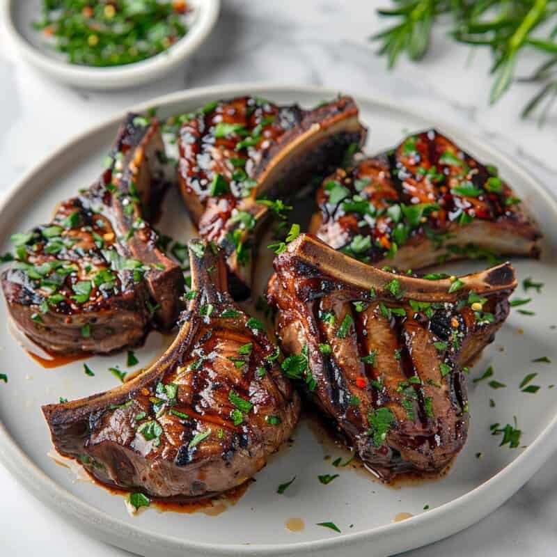 Juicy grilled lamb chops seasoned with rosemary and garlic, served on a white plate with lemon wedges and fresh herbs.