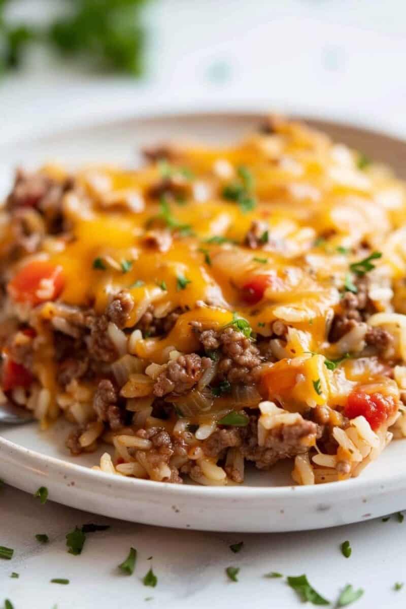 A single serving of Ground Beef and Rice Skillet Dinner neatly plated on a white dish, showcasing the colorful blend of beef, rice, and vegetables.