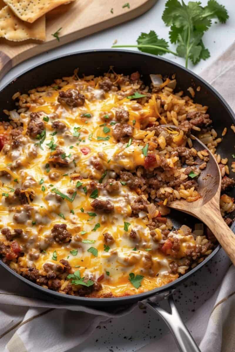 Overhead shot of Ground Beef and Rice Skillet Dinner on a white countertop, with a spoon nestled in the savory, steaming mix.