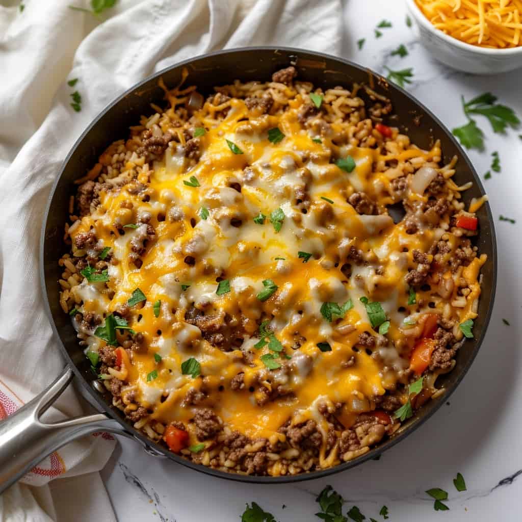 A top view photo capturing a hearty Ground Beef and Rice Skillet Dinner, perfectly cooked and presented on a pristine white kitchen surface.