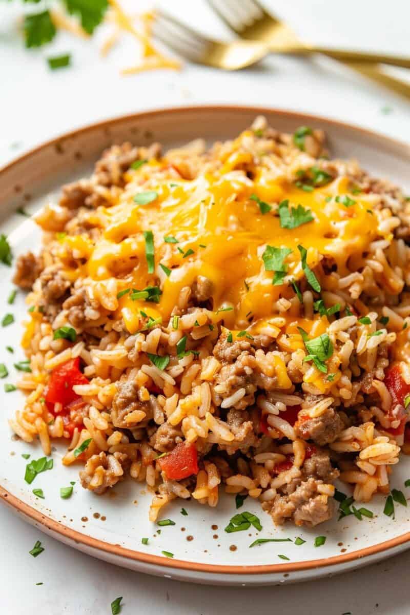 A plate beautifully presenting Ground Pork and Rice Skillet Dinner, with the savory blend of perfectly cooked ground pork and fluffy rice, garnished with fresh herbs for a pop of color, offering an inviting and hearty meal.