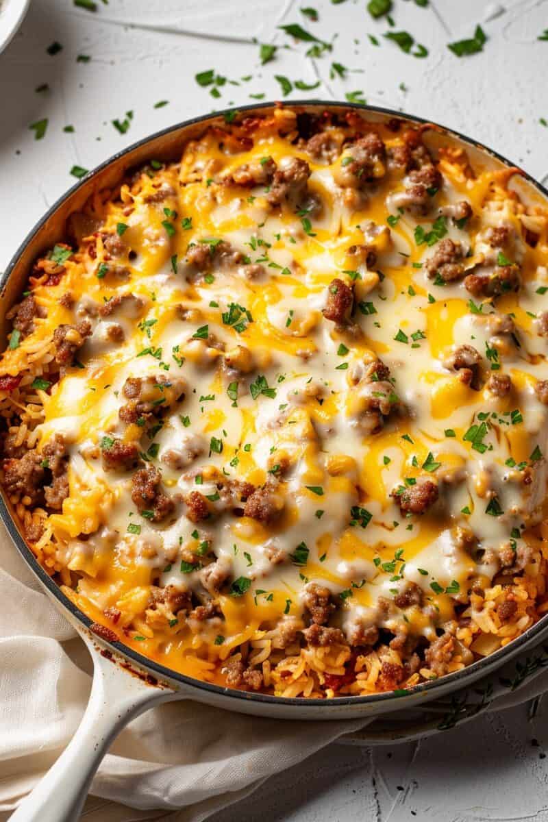 A top view of a Ground Sausage and Rice Skillet Dinner in a white enamel skillet, displaying a colorful and tempting mixture of savory browned ground sausage and fluffy rice, beautifully unified under a layer of golden melted cheese, ready to be enjoyed.