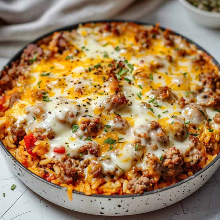 A vibrant and appetizing Ground Sausage and Rice Skillet Dinner presented in a white enamel skillet, featuring a rich blend of golden-browned ground sausage and perfectly cooked rice, elegantly topped with a generous sprinkle of melted cheese, creating a visually appealing and mouthwatering meal.