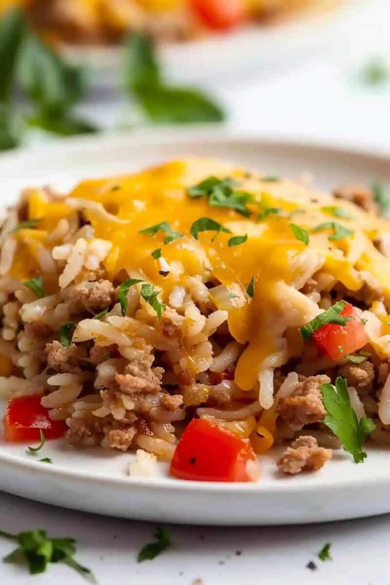 A generous serving of Ground Turkey and Rice, neatly plated on a crisp white dish, showcasing the rich blend of seasoned ground turkey and fluffy rice, all beautifully crowned with a layer of melted cheese.
