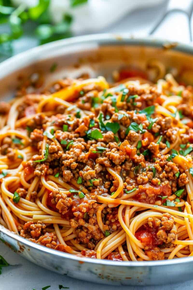 A vibrant, family-friendly turkey pasta meal served on a large platter, combining lean ground turkey, pasta, and fresh veggies, topped with grated cheese, appealing to all ages.
