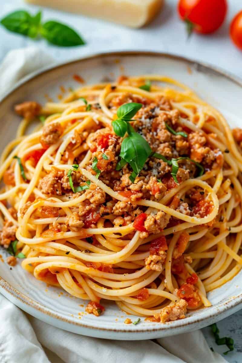 Easy Ground Turkey Spaghetti, featuring perfectly cooked spaghetti intertwined with savory ground turkey in a rich tomato sauce, garnished with a sprinkle of herbs.