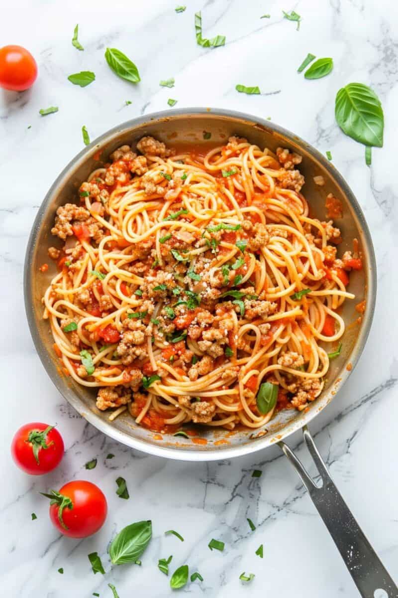 A skillet filled with Weeknight Turkey Pasta, showing juicy ground turkey and al dente pasta, ready for a quick and delicious family meal.