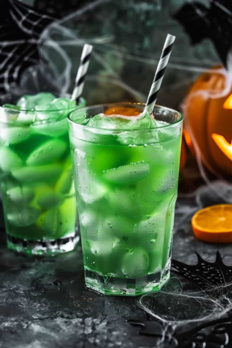 A vibrant green Halloween Punch in a cauldron surrounded by Halloween decorations, showcasing a mix of Sprite, green fruit punch, vodka, and rum for a spooky party drink.
