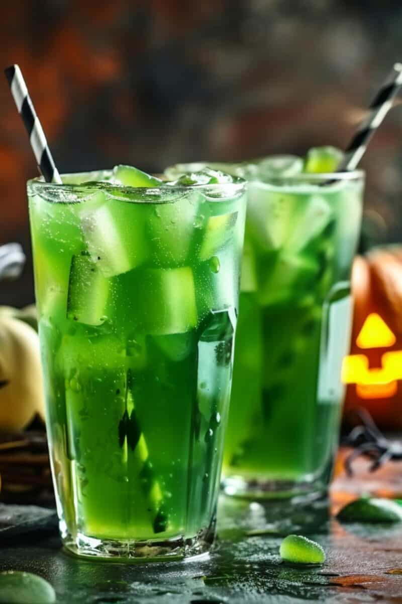 A vibrant green Halloween Punch in a cauldron surrounded by Halloween decorations, showcasing a mix of Sprite, green fruit punch, vodka, and rum for a spooky party drink.