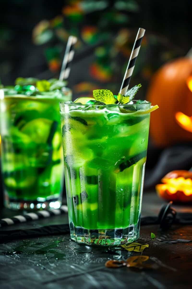 Two glasses of eerie green Halloween Punch, each adorned with creepy gummy worms submerged in the drink, showcasing a festive and spooky mix perfect for Halloween celebrations.