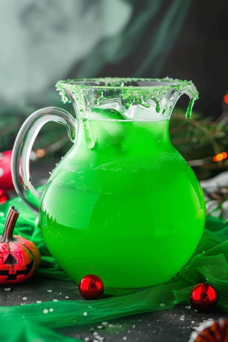 A pitcher brimming with green Halloween Punch, ready to serve at a spooky cocktail party, featuring a tantalizing mix of Sprite, green fruit punch, vodka, and white rum for a ghostly gathering.
