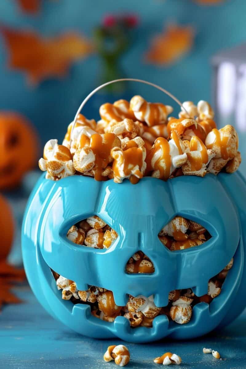 Spooky carved pumpkin brimming with homemade Halloween caramel popcorn for a festive celebration.