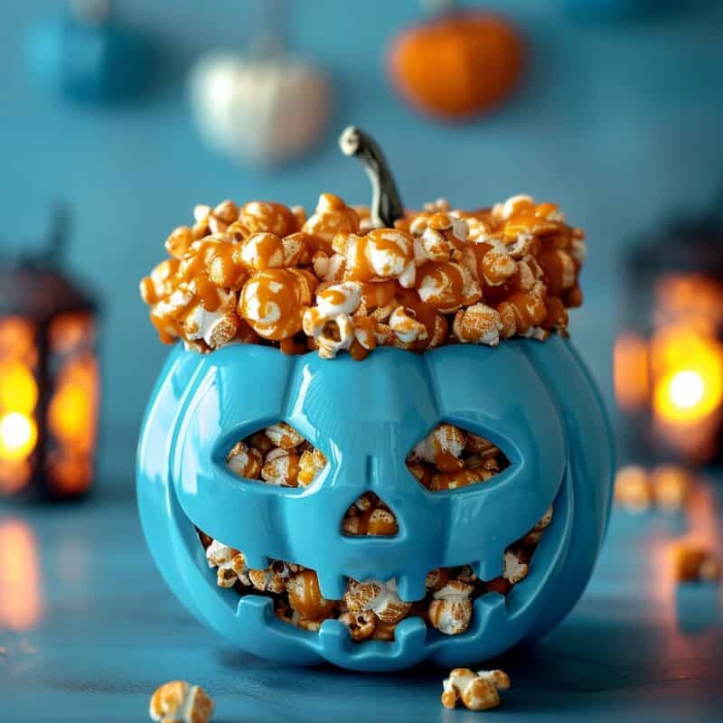 A carved blue pumpkin filled with rich, buttery caramel popcorn, set against a backdrop of Halloween decorations.