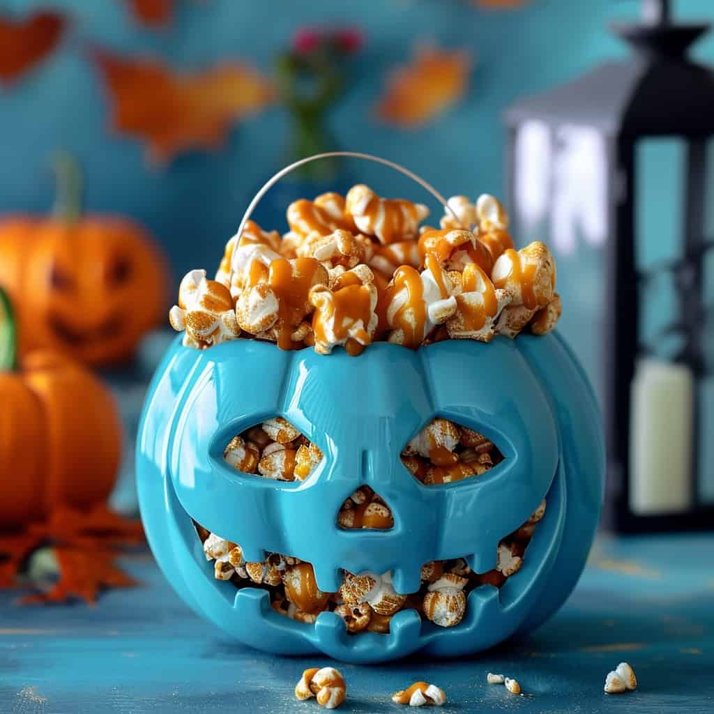 Spooky carved pumpkin brimming with homemade Halloween caramel popcorn for a festive celebration.