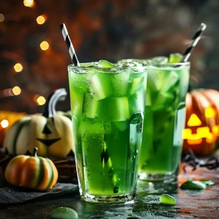Chilled, bubbly Halloween Punch with spooky decoration, perfect for a Halloween cocktail party, blending Sprite, fruit punch, vodka, and white rum for a frightfully delightful beverage.