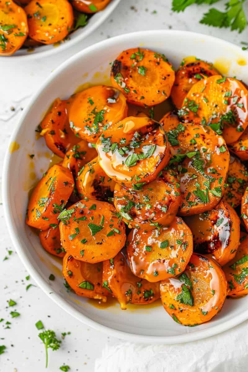 Dijon Honey Glazed Carrots glisten on a serving dish, embodying a delectable blend of sweet honey and tangy Dijon, a quick weeknight side.