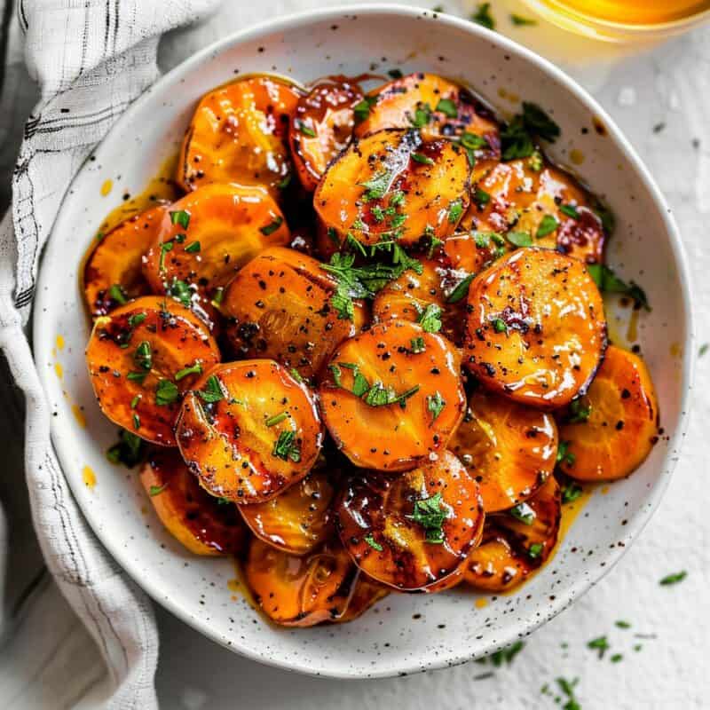 Honey mustard glazed carrots on a plate, showcasing a perfect balance of sweet and tangy flavors, ideal for a quick, healthy vegetable side dish.