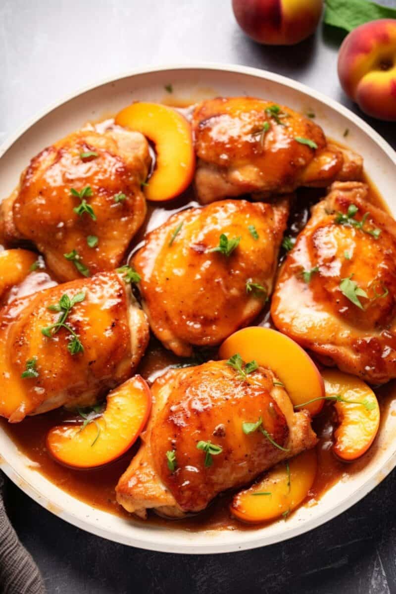 A close-up of a delicious Jalapeno Peach Chicken dish, showcasing succulent chicken coated in a glossy peach glaze with slices of jalapeno, ready in just 30 minutes for a weeknight meal.