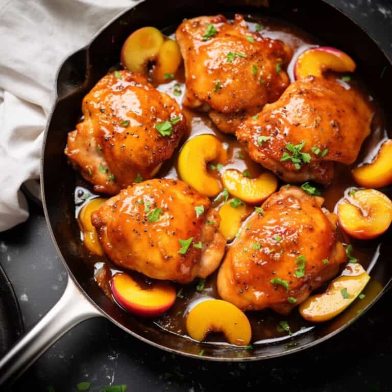 A skillet full of Jalapeno Peach Chicken, highlighting the mix of spicy jalapenos and sweet peaches coating tender chicken thighs, a quick and tasty meal solution.
