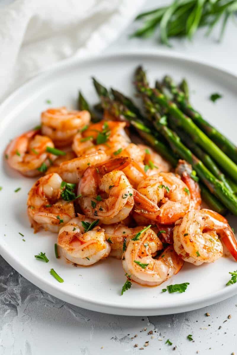A white plate showcasing succulent shrimp and vibrant asparagus in a zesty lemon butter, ready to be enjoyed.