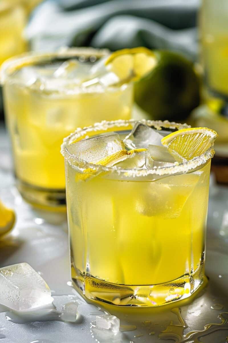 A refreshing Limoncello Margarita cocktail garnished with a lime slice and salted rim, showcasing the perfect blend of Italian Limoncello and Mexican tequila on a sunny outdoor table setting.