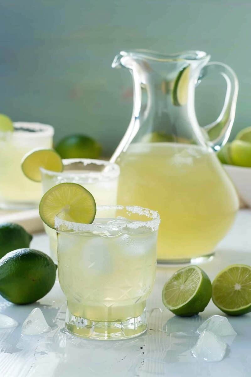 A festive Margarita Punch display featuring a pitcher and glasses filled with ice, set against a serene blue background on a white countertop. Limes artfully sliced for decoration accentuate the vibrant, non-alcoholic drink, adding a touch of elegance and refreshing zest. This scene is perfectly suited for celebrating special occasions or simply elevating a casual gathering.