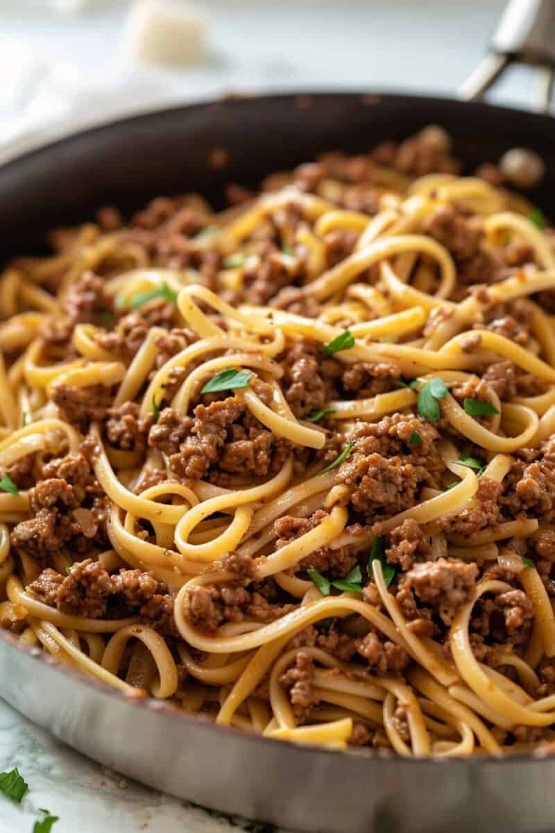 Ground beef Mongolian noodles in the skillet.