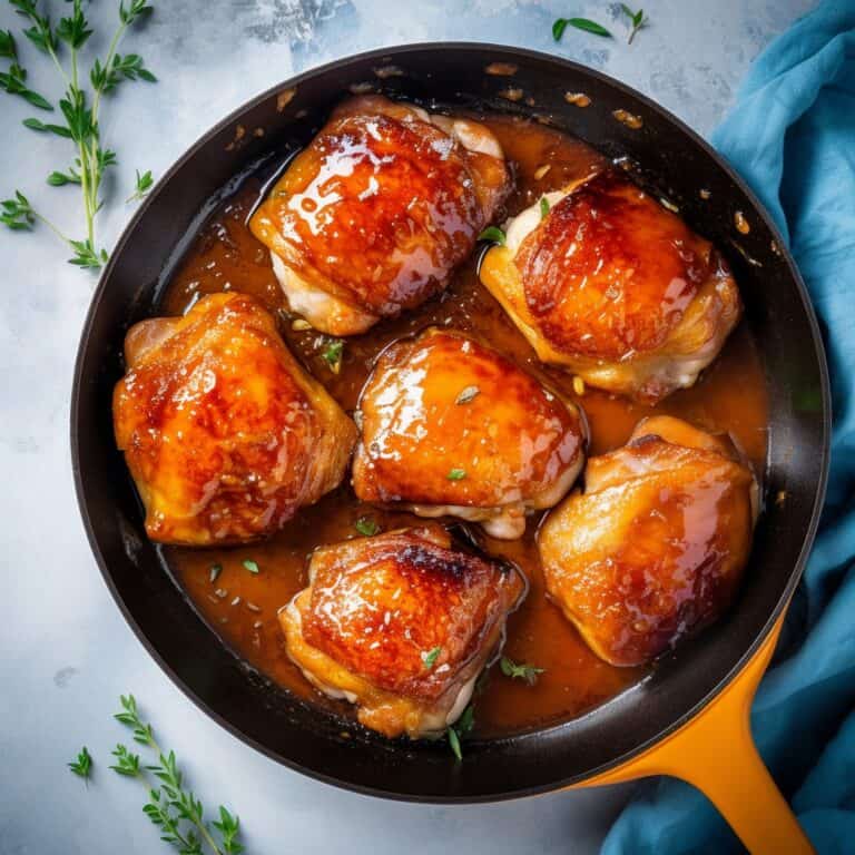 Golden-brown chicken thighs with a shimmering peach glaze in a skillet, garnished with fresh herbs, showing the succulent, caramelized surface.