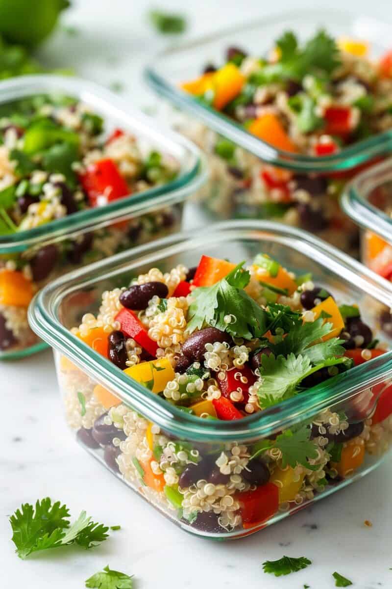 Four glass meal prep containers showcase Quinoa and Black Bean Salad, each with layers of fluffy quinoa, black beans, diced bell pepper, cucumber, and cilantro, all lightly dressed. Perfectly portioned, nutritious, and ready for the week.