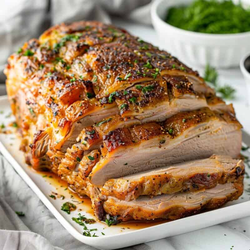 A golden-brown roast pork sits invitingly on a platter, its crispy exterior encasing a tender, juicy interior. Expertly carved slices reveal the succulence within, complemented by fresh herbs for garnish and a side of rich gravy, promising a delicious feast.