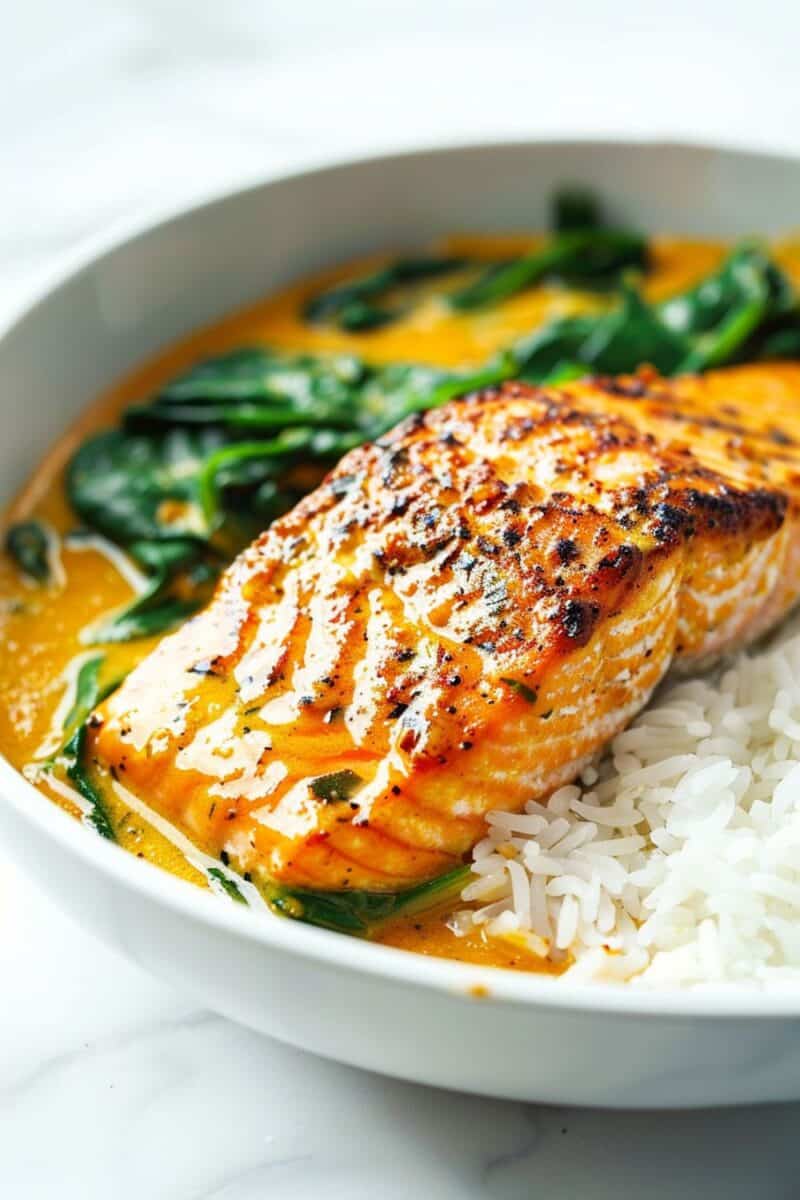 Plated over jasmine rice, this Salmon Coconut Curry showcases succulent salmon enveloped in a luscious, aromatic sauce made from coconut milk, Thai spices, ginger, and a splash of lime, all beautifully garnished with fresh green herbs.