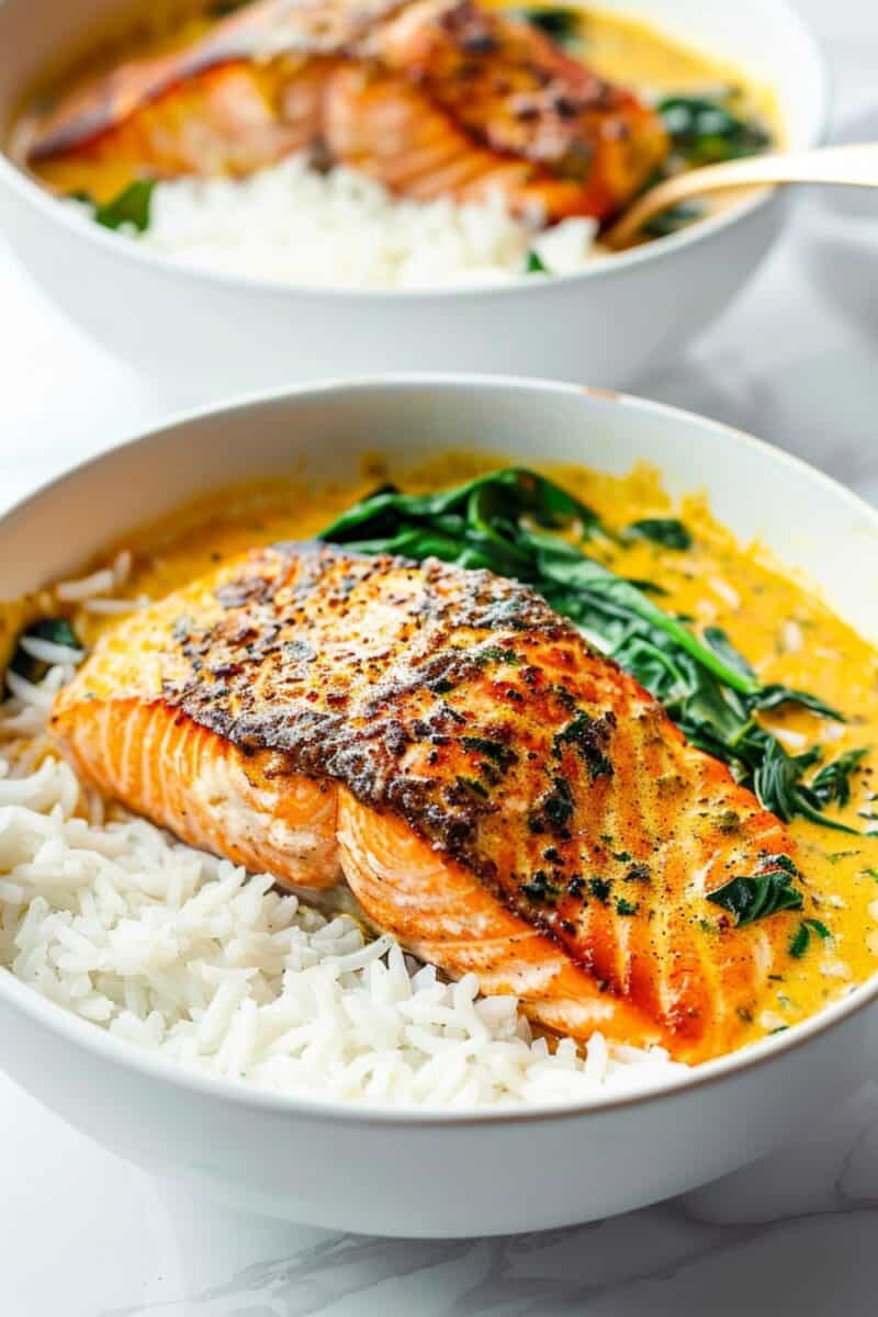 A vibrant dish of Salmon Coconut Curry on a bed of steamed white rice, with pan-seared salmon immersed in a rich, fragrant coconut sauce.