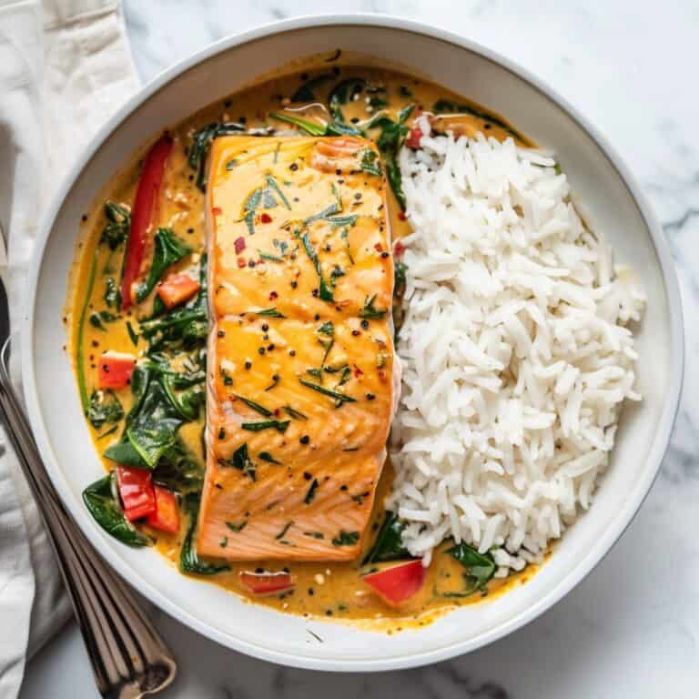 A bowl of Salmon Coconut Curry served over fluffy white rice, featuring tender salmon in a creamy, spiced curry sauce with garlic, ginger, and lime, garnished with fresh herbs.