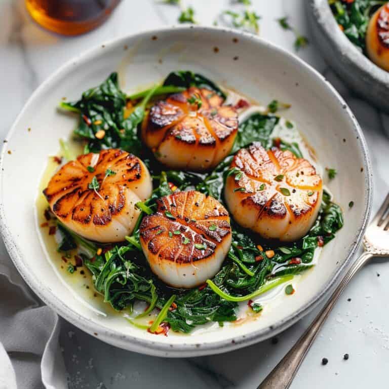 A mouthwatering plate of Seared Scallops with Spinach, showcasing golden-brown scallops on a bed of vibrant green spinach, ready for a gourmet meal.