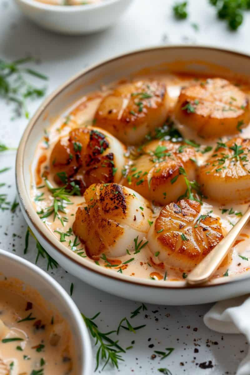Juicy scallops drenched in a homemade vodka sauce, presented on a chic dish, embodying a fusion of classic flavors and modern cuisine.