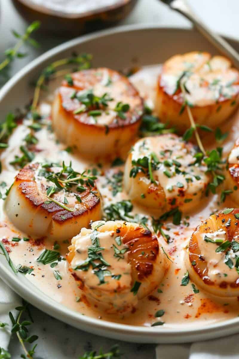 Close-up of tender scallops drizzled with a velvety vodka cream sauce, highlighting the dish's elegant presentation and gourmet ingredients.