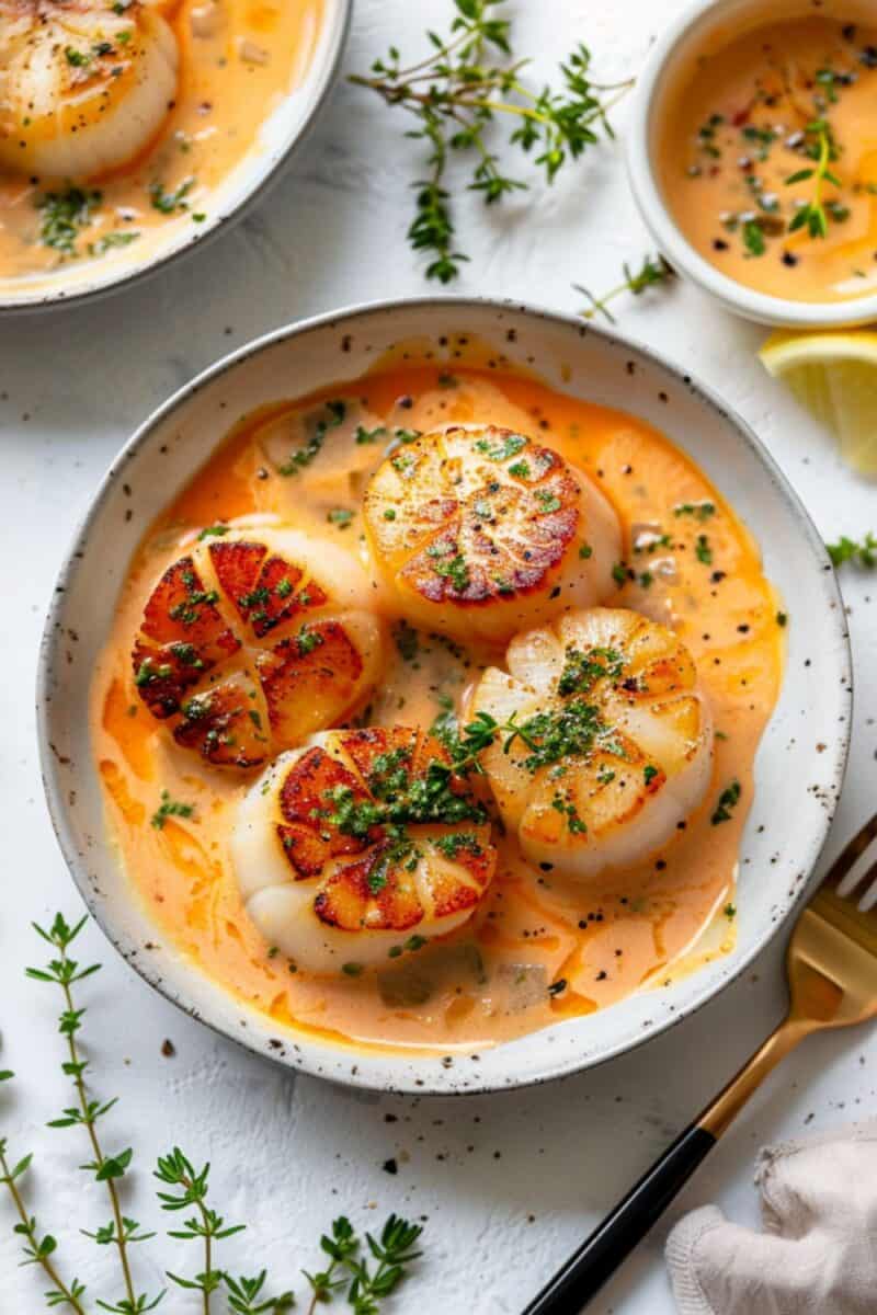 Succulent scallops bathed in a flavorful vodka cream reduction, capturing the essence of fine dining with its sophisticated sauce and garnish.