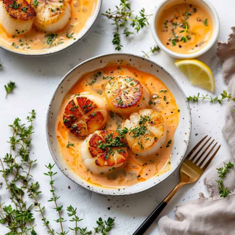 Golden-seared scallops nestled in a rich, creamy vodka sauce, garnished with fresh herbs on a white plate, symbolizing a luxurious seafood meal.