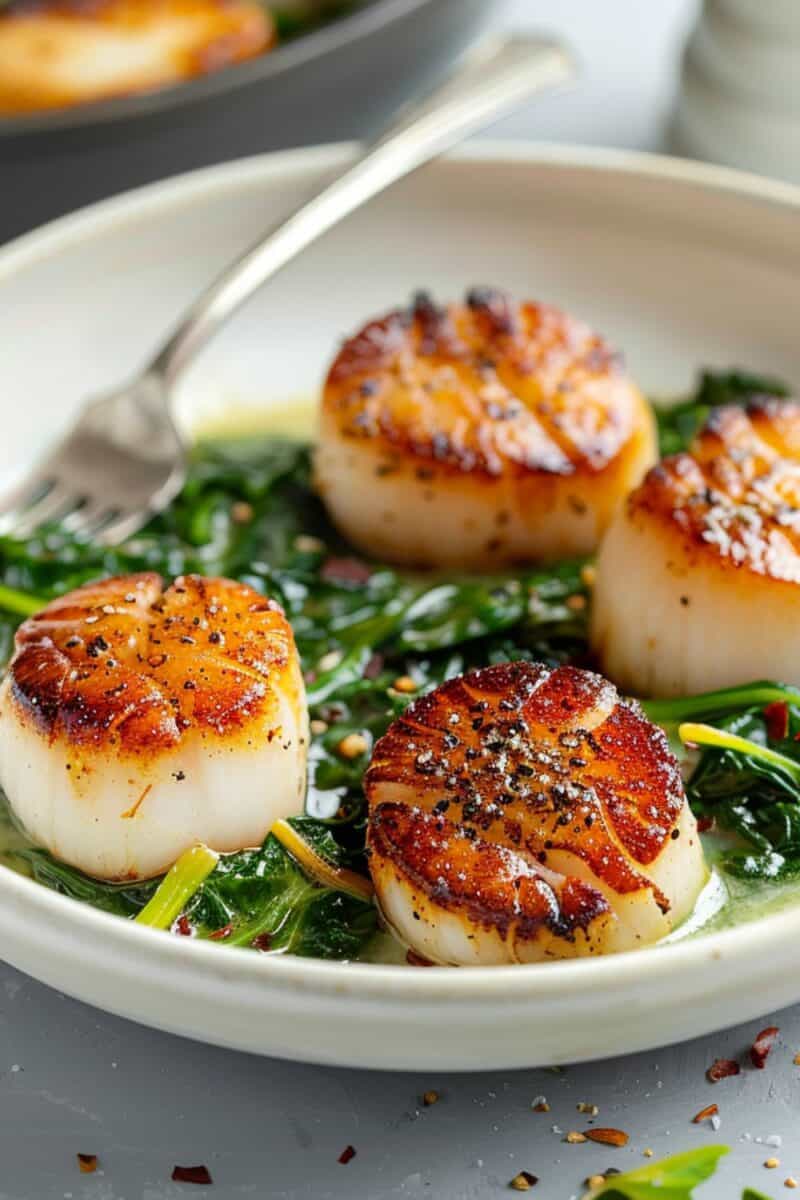 Close-up of succulent Seared Scallops paired with freshly sautéed spinach, illustrating the perfect golden sear and the bright, healthy greens.